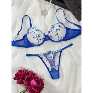 X-Large Royal Blue Sheer Floral Embroidery Mesh Stretch Bra & Thong Lingerie Set